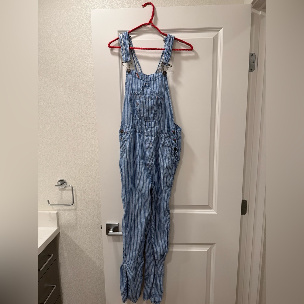 Faherty Linen Mechanic Blue and White Striped Overalls